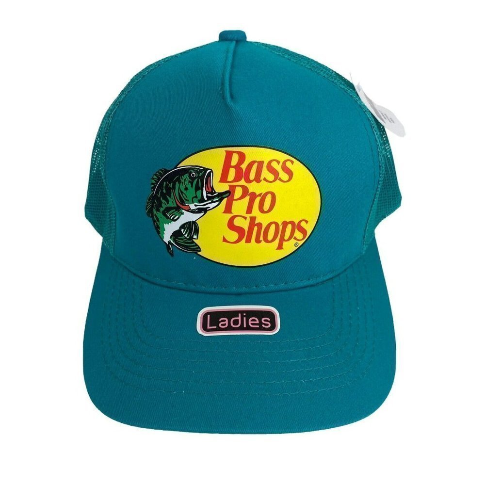 Bass Pro Shops Ladies Aqua Printed Logo Trucker Mesh Hat Snapback Closure NEW